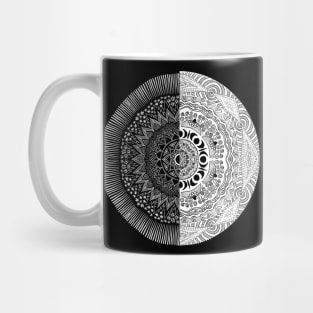 Equinox mandala, black and white, harvest sun, and moon Mug